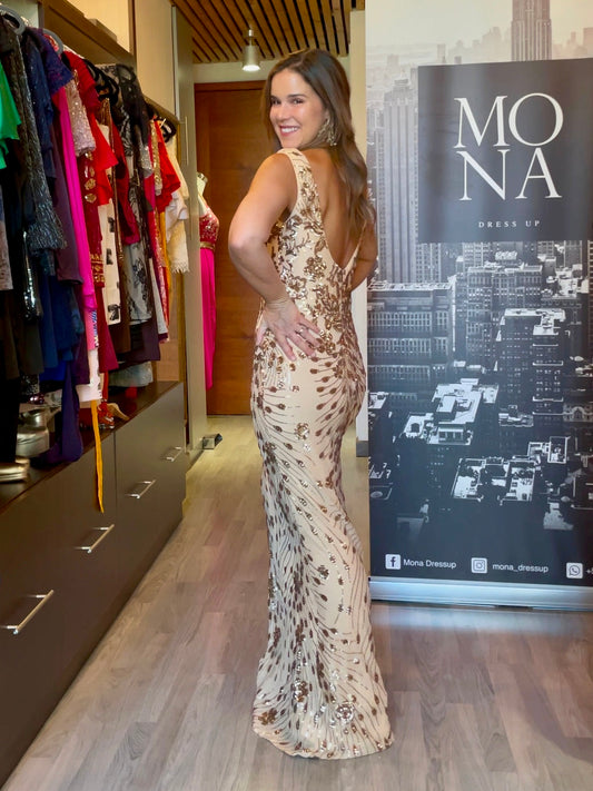 VESTIDO LARGO ROSARIO DORADO