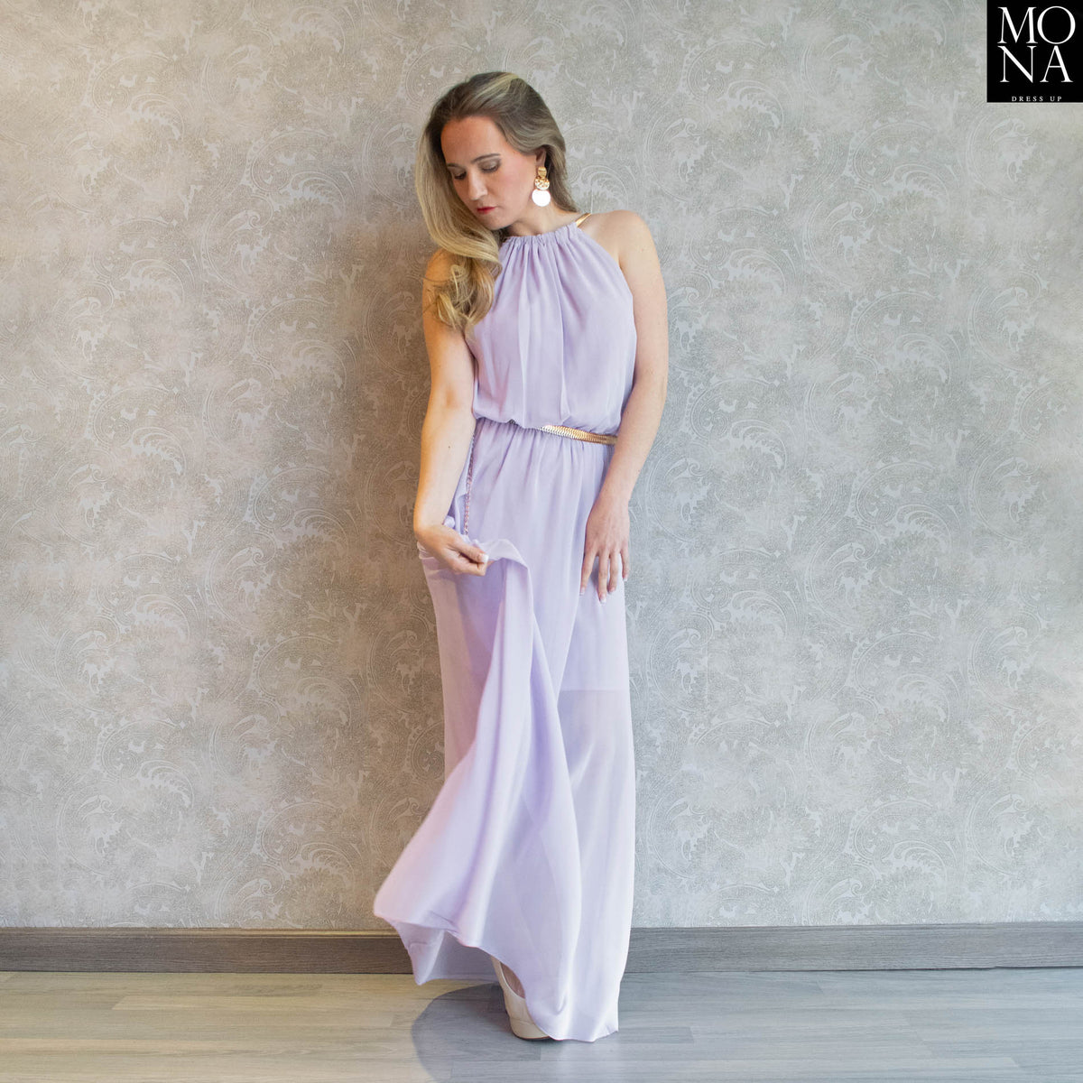 Vestido largo Cloe lila claro de cuello halter