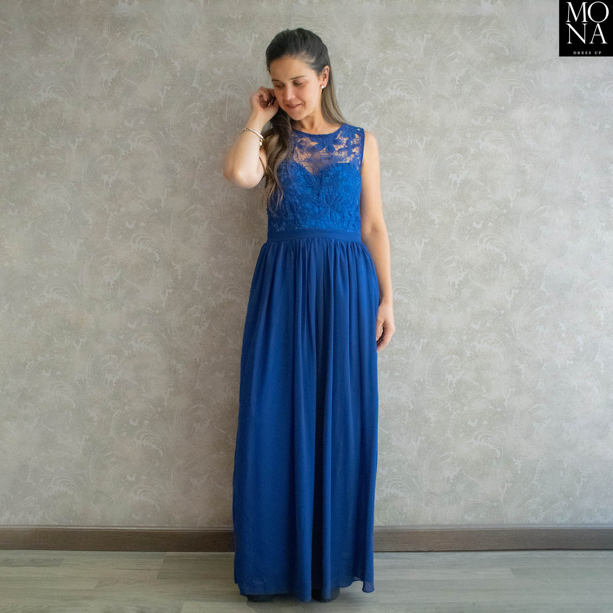 Vestido largo Carola azul bordado