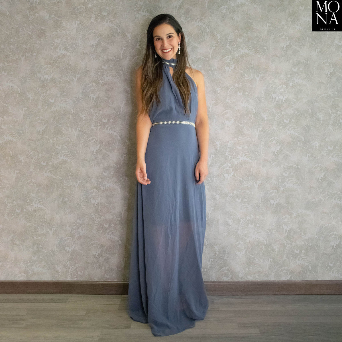 Vestido largo Ainhoa gris de cuello halter