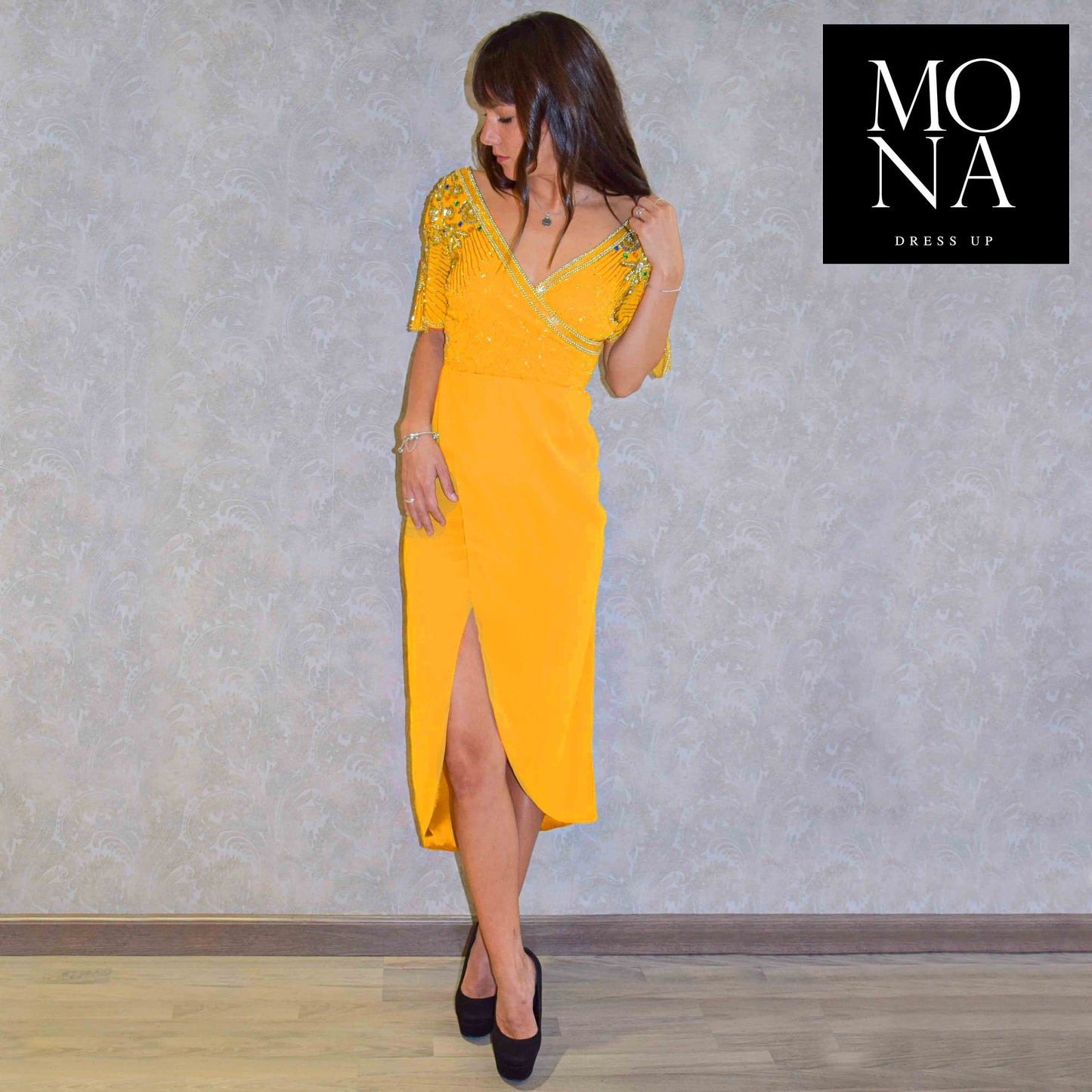 VESTIDO MIDI LUZ MOSTAZA