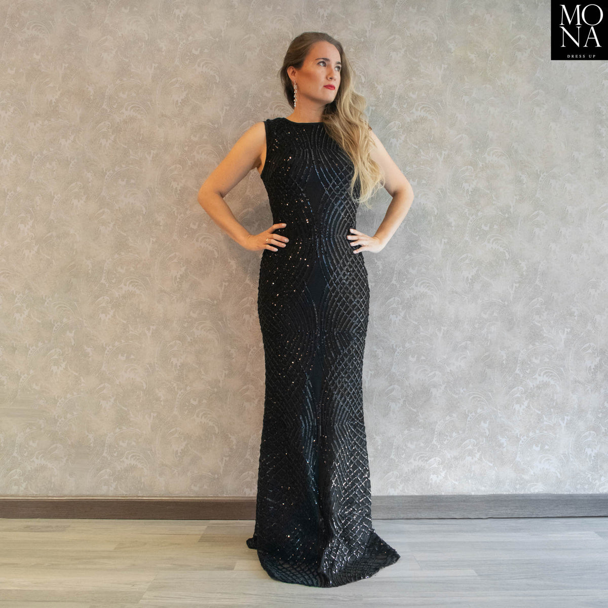 Vestido largo Irene negro con lentejuelas