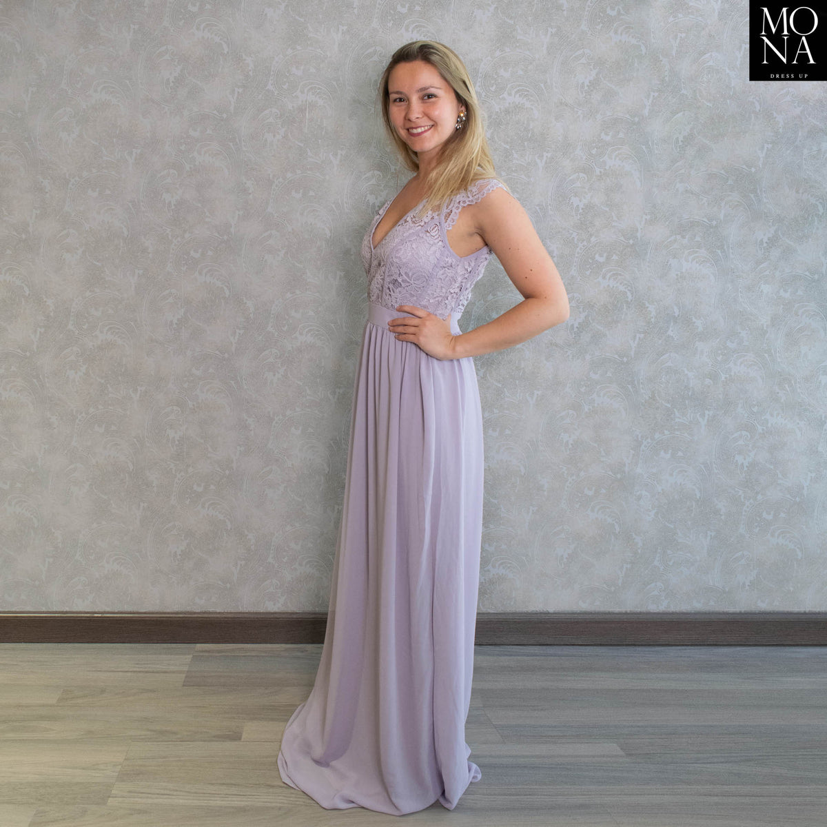Vestido largo Donatella lila con espalda descubierta