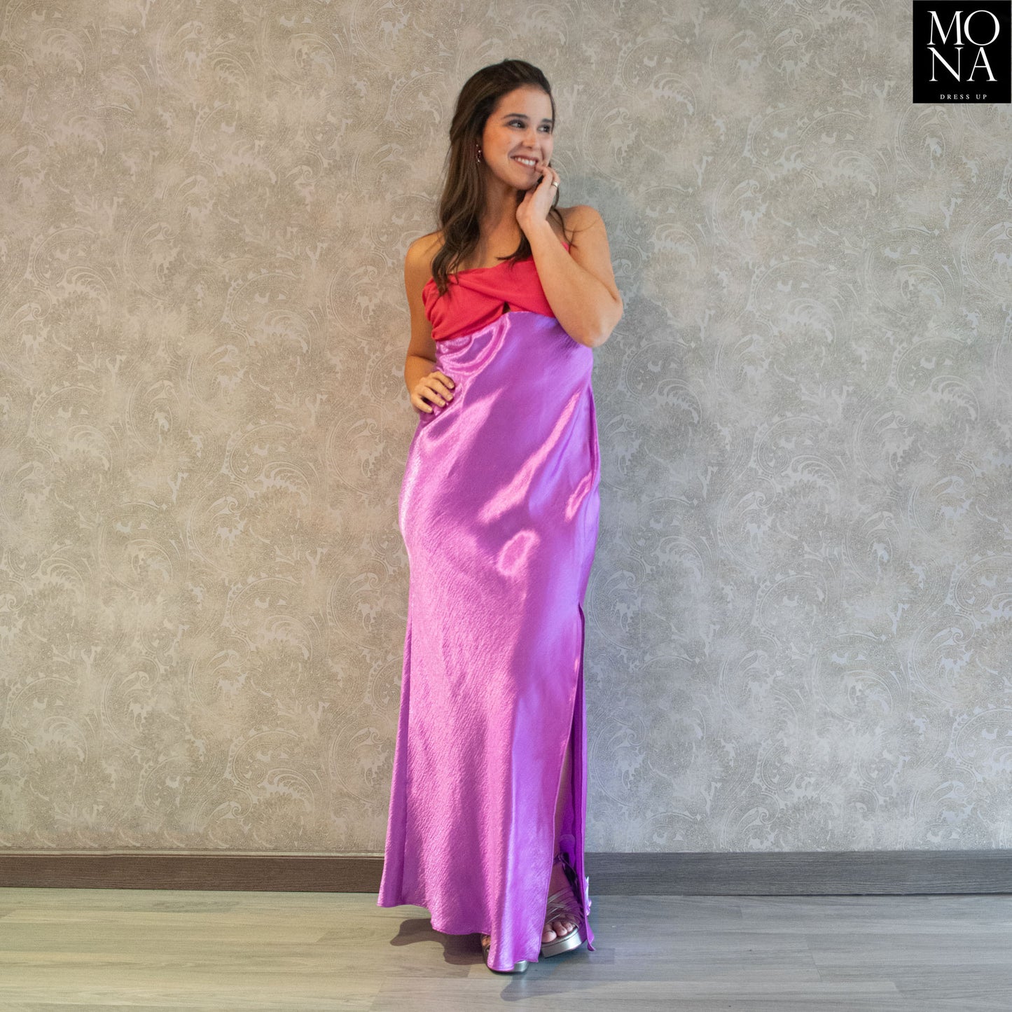 VESTIDO LARGO COLOMBA FUCSIA Y LILA