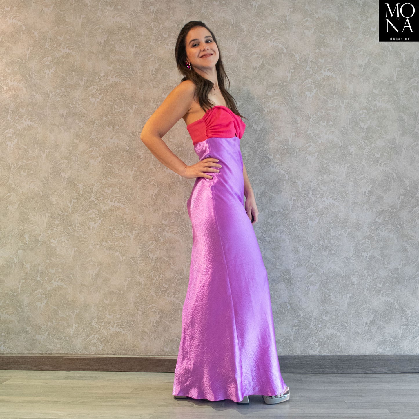 VESTIDO LARGO COLOMBA FUCSIA Y LILA
