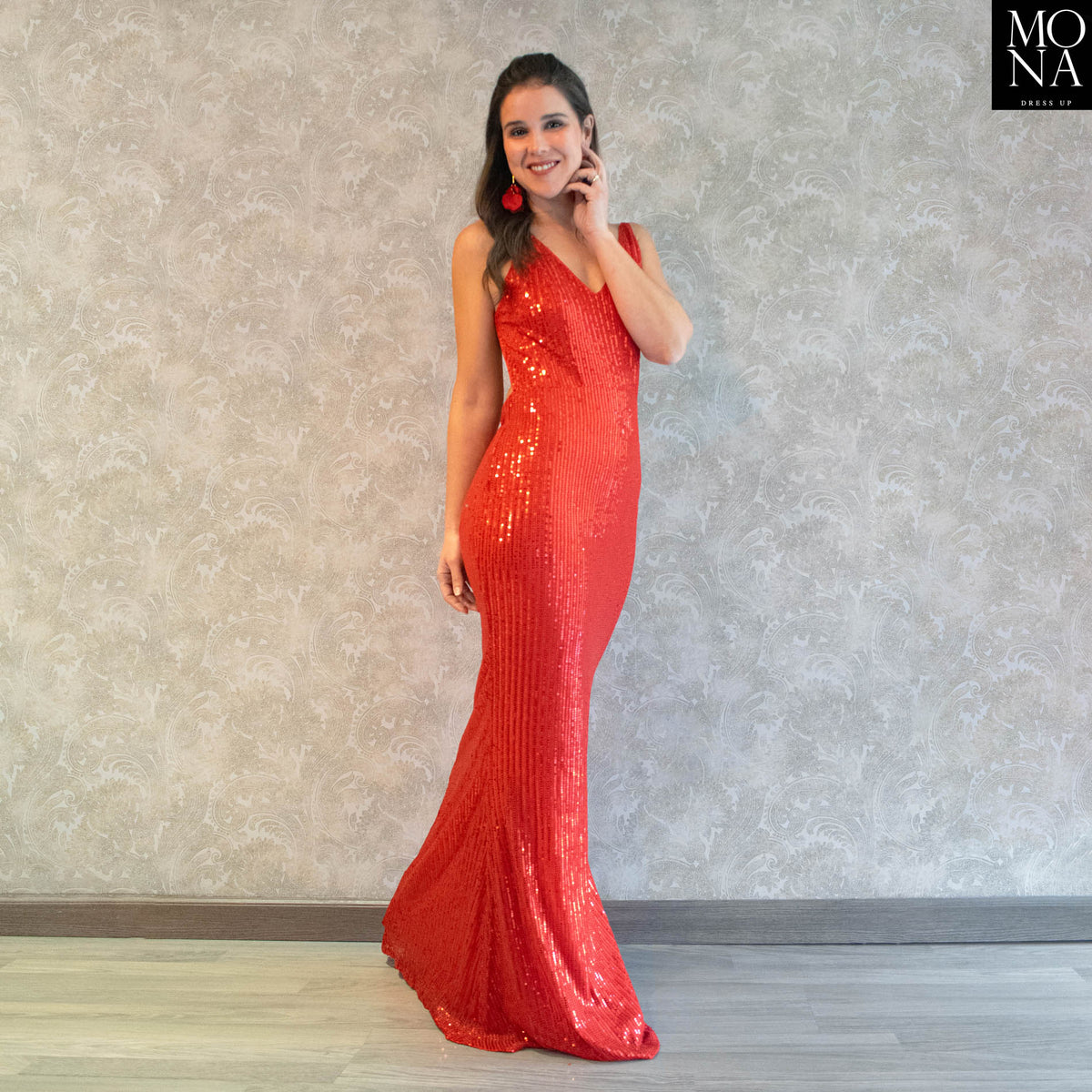 Vestido largo Gabriela rojo con lentejuelas