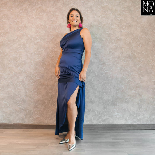VESTIDO LARGO AZUL MARINO ASIMETRICO