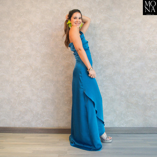 vestido largo turquesa asimetrico