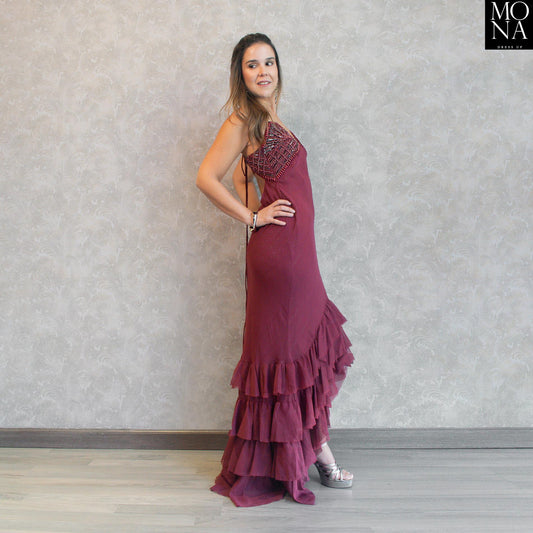 vestido largo burdeo pedreria