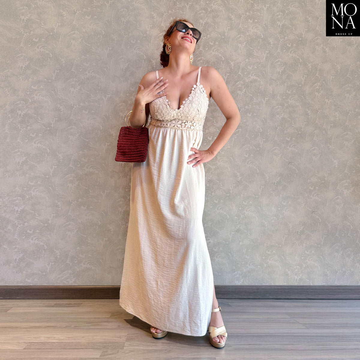 Vestido largo Daniela crudo estilo boho chic