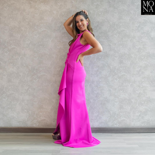 vestido largo fucsia