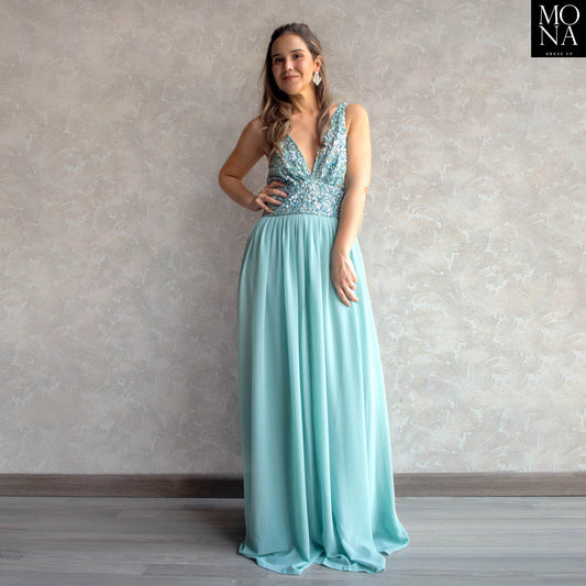 VESTIDO LARGO LENTEJUELAS CELESTE