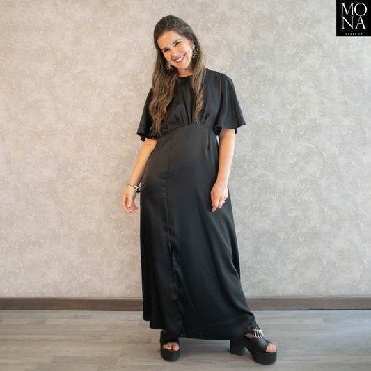 VESTIDO LARGO CON MANGAS NEGRO