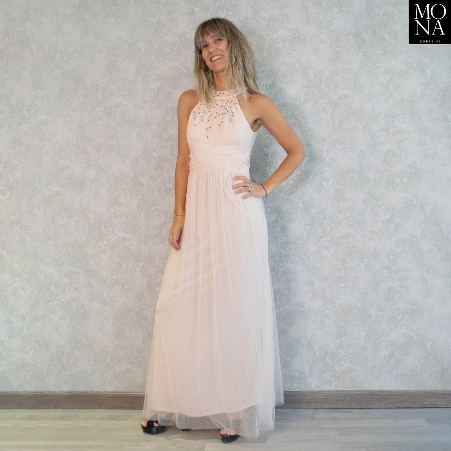 VESTIDO LARGO FATIMA DAMASCO CLARO