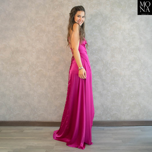 vestido largo fucsia sin espalda