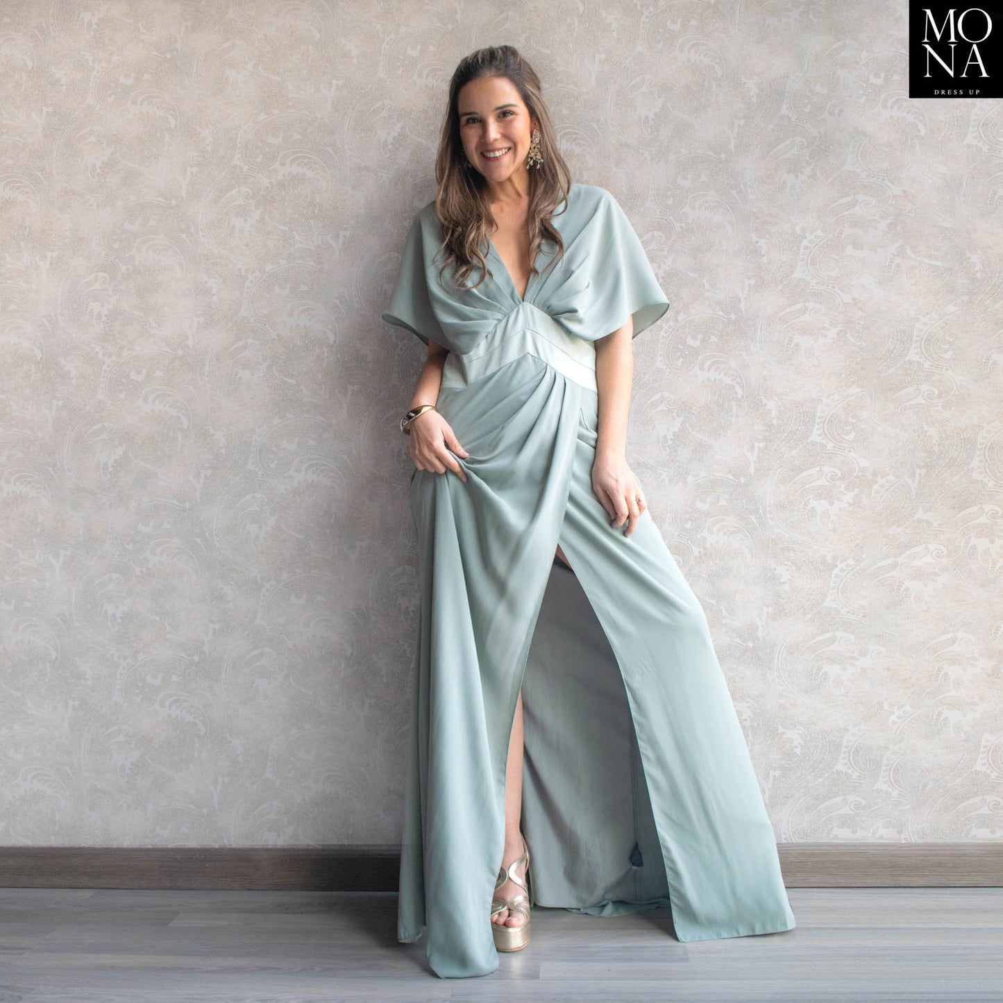 VESTIDO LARGO TEODORA VERDE AGUA.