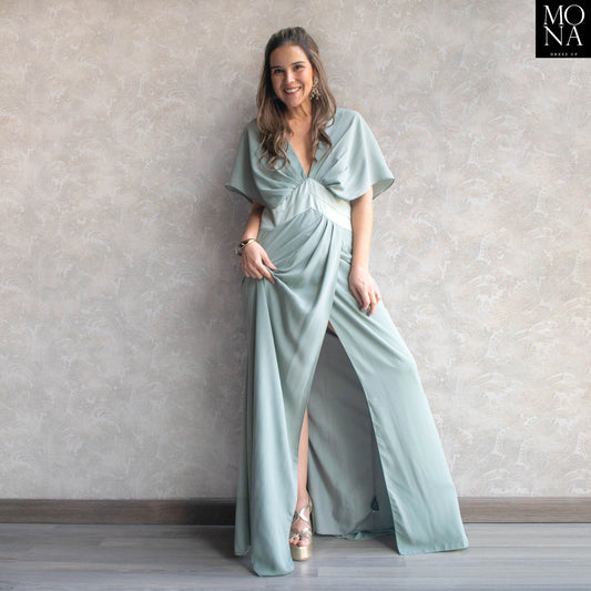 VESTIDO LARGO TEODORA VERDE AGUA.