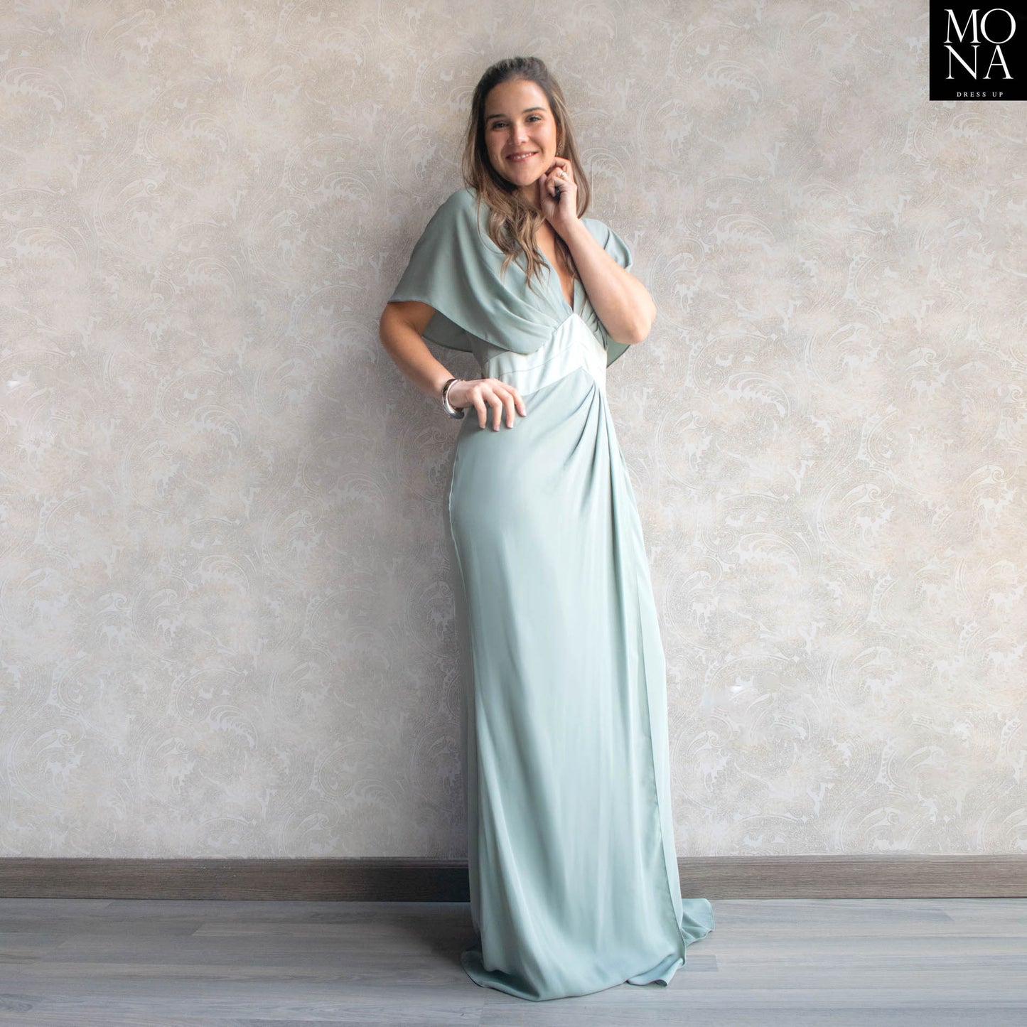 VESTIDO LARGO TEODORA VERDE AGUA.