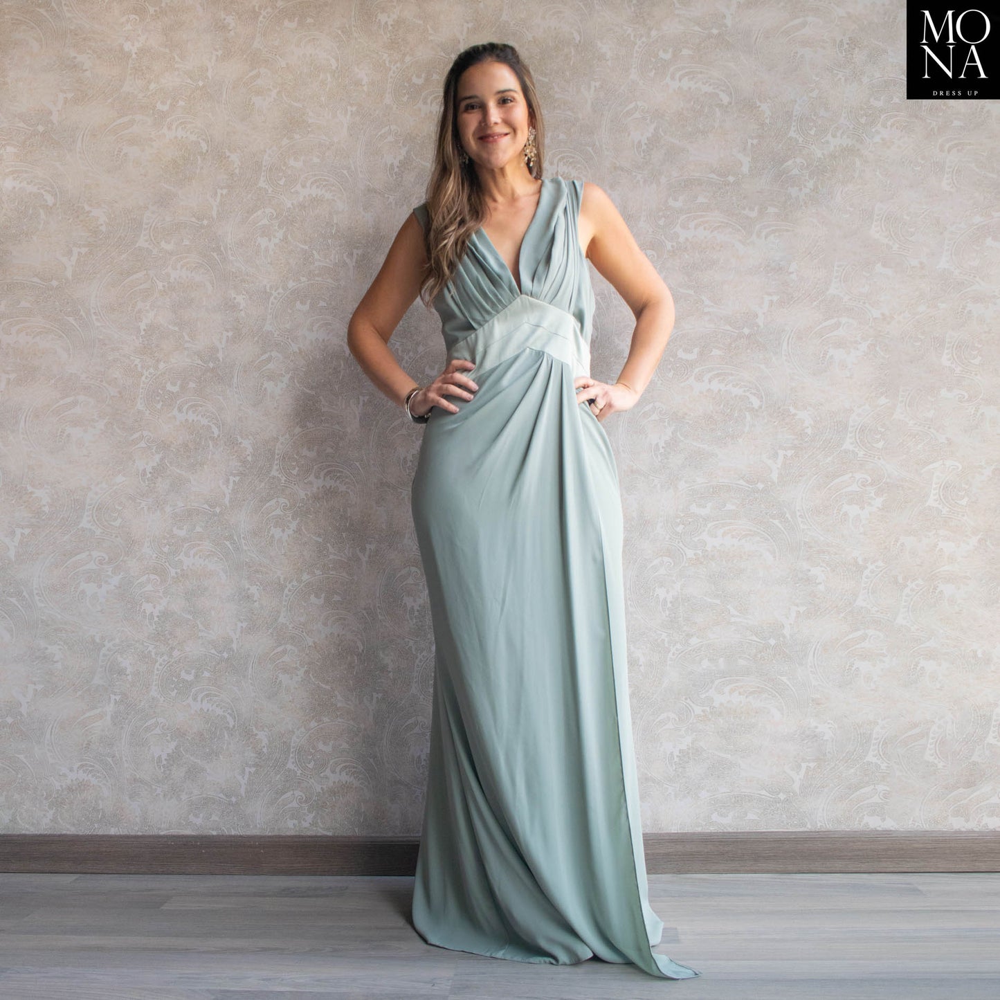 VESTIDO LARGO TEODORA VERDE AGUA.