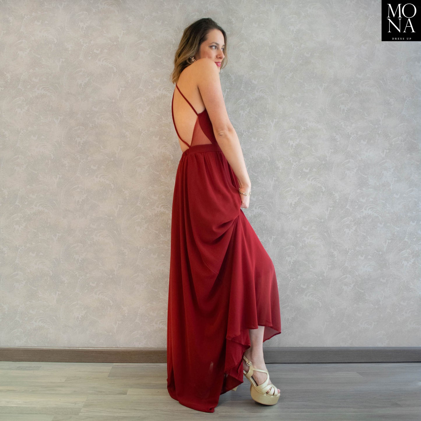 vestido largo burdeo