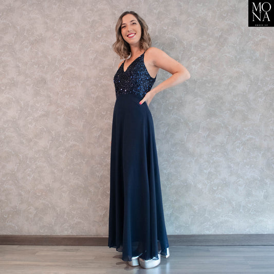 vestido largo azul marino con lentejuelas