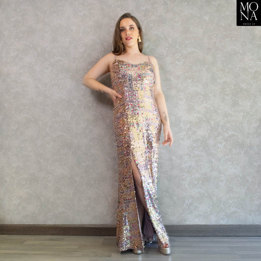 vestido largo lentejuelas multicolor