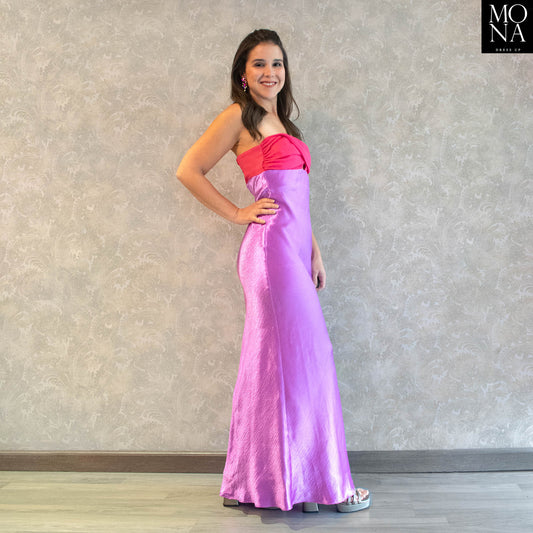 vestido largo bicolor lila y fucsia