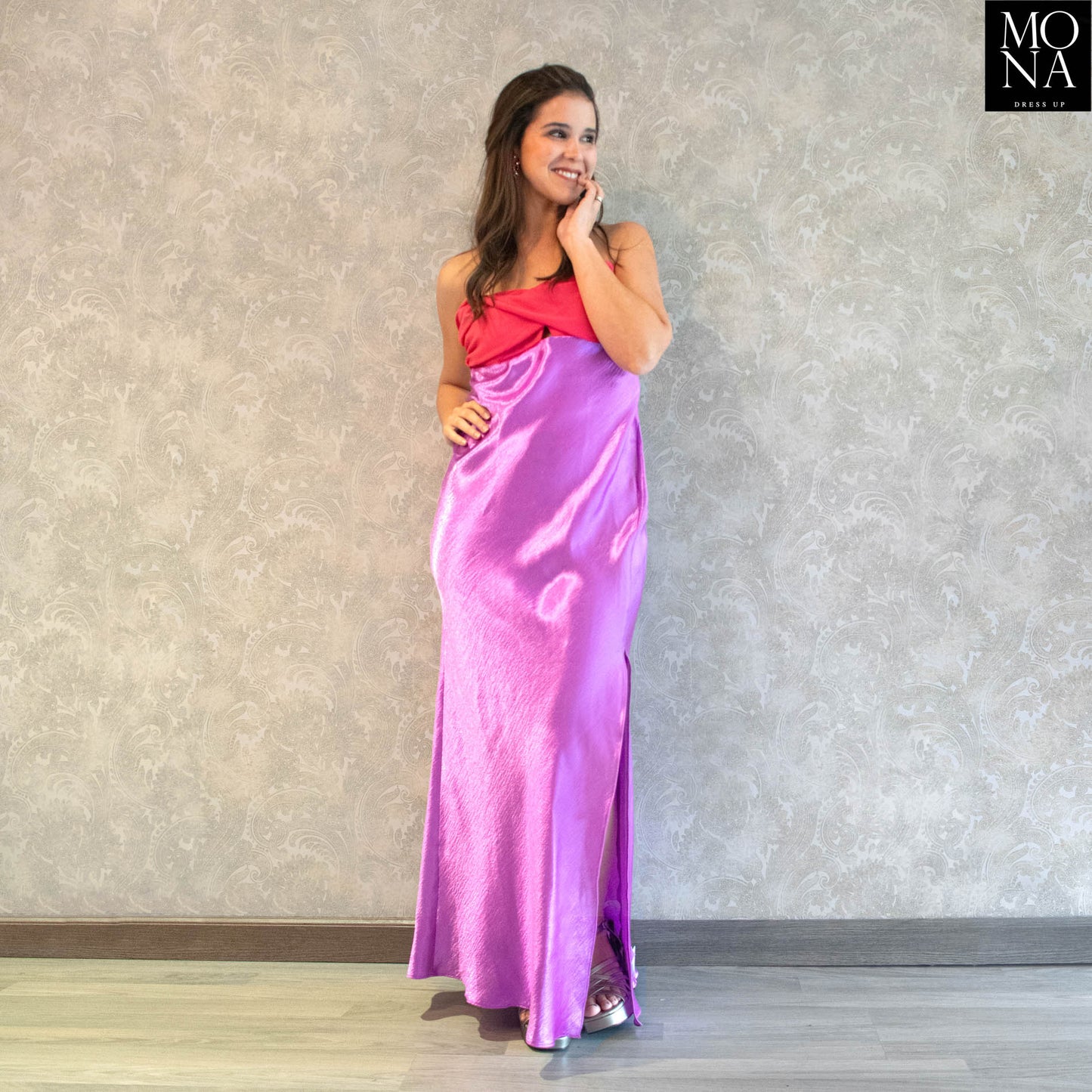 VESTIDO LARGO COLOMBA FUCSIA Y LILA
