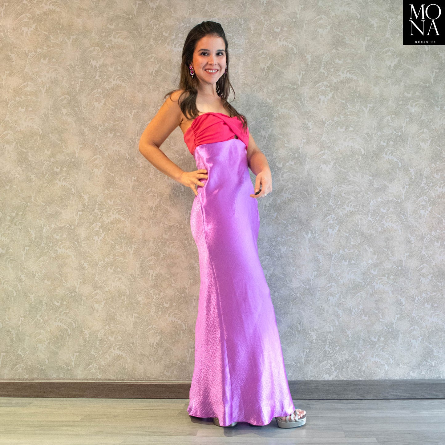 VESTIDO LARGO COLOMBA FUCSIA Y LILA