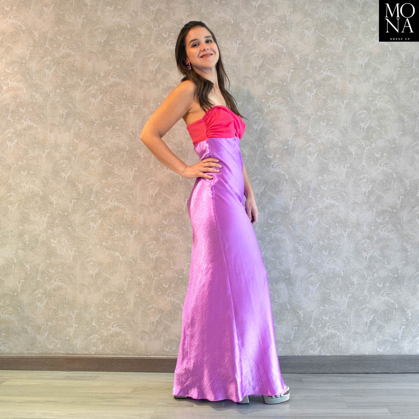 VESTIDO LARGO COLOMBA FUCSIA Y LILA