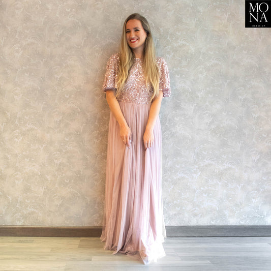 vestido largo palo rosa con pedreria