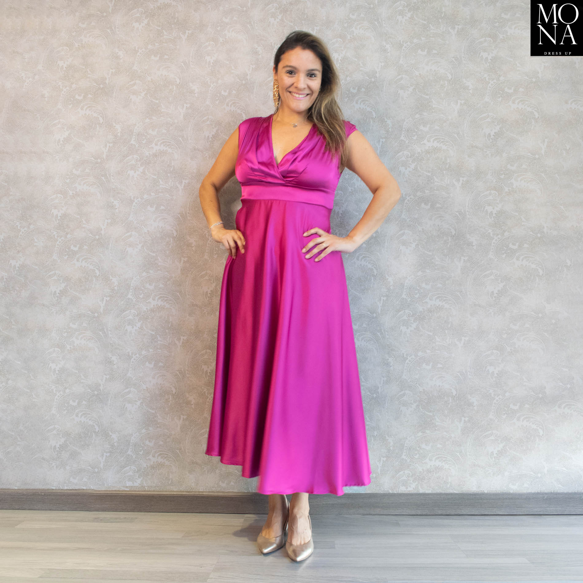 vestido largo fucsia