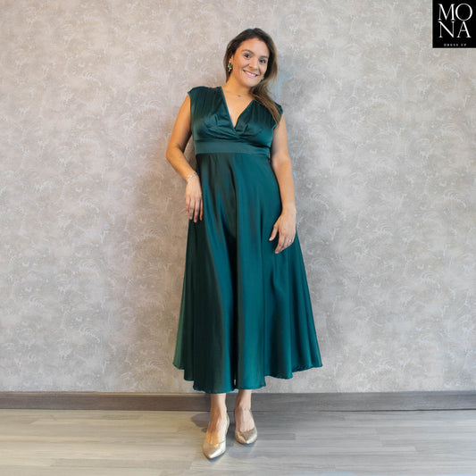 vestido largo verde petroleo