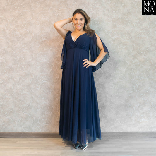 VESTIDO LARGO AZUL MARINO CON CAPA