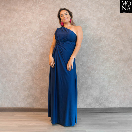 vestido largo azul marino asimetrico