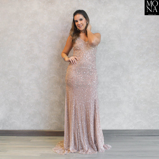 VESTIDO LARGO PEDRERIA NUDE