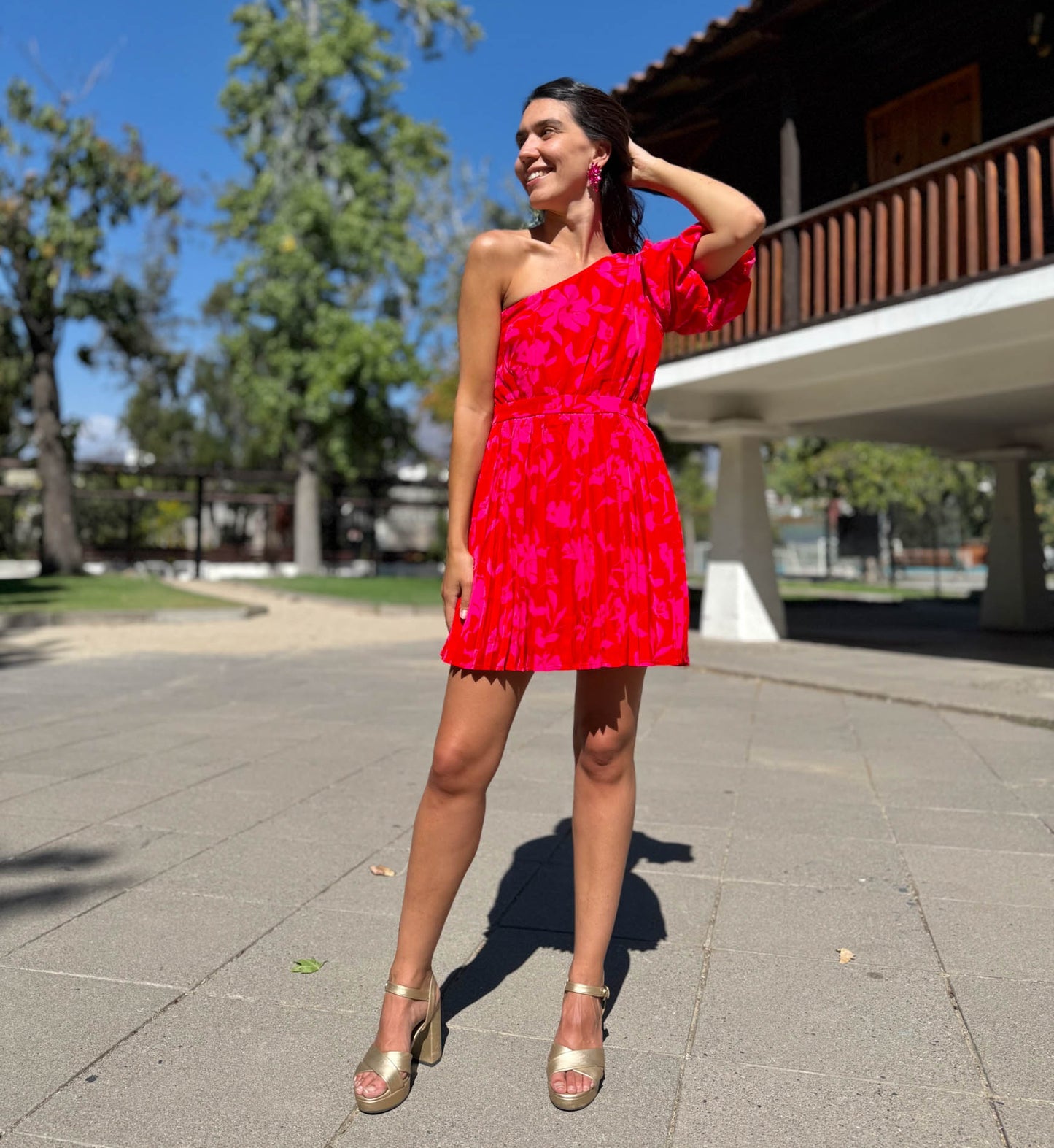VESTIDO CORTO BEGONA ROJO Y FUCSIA