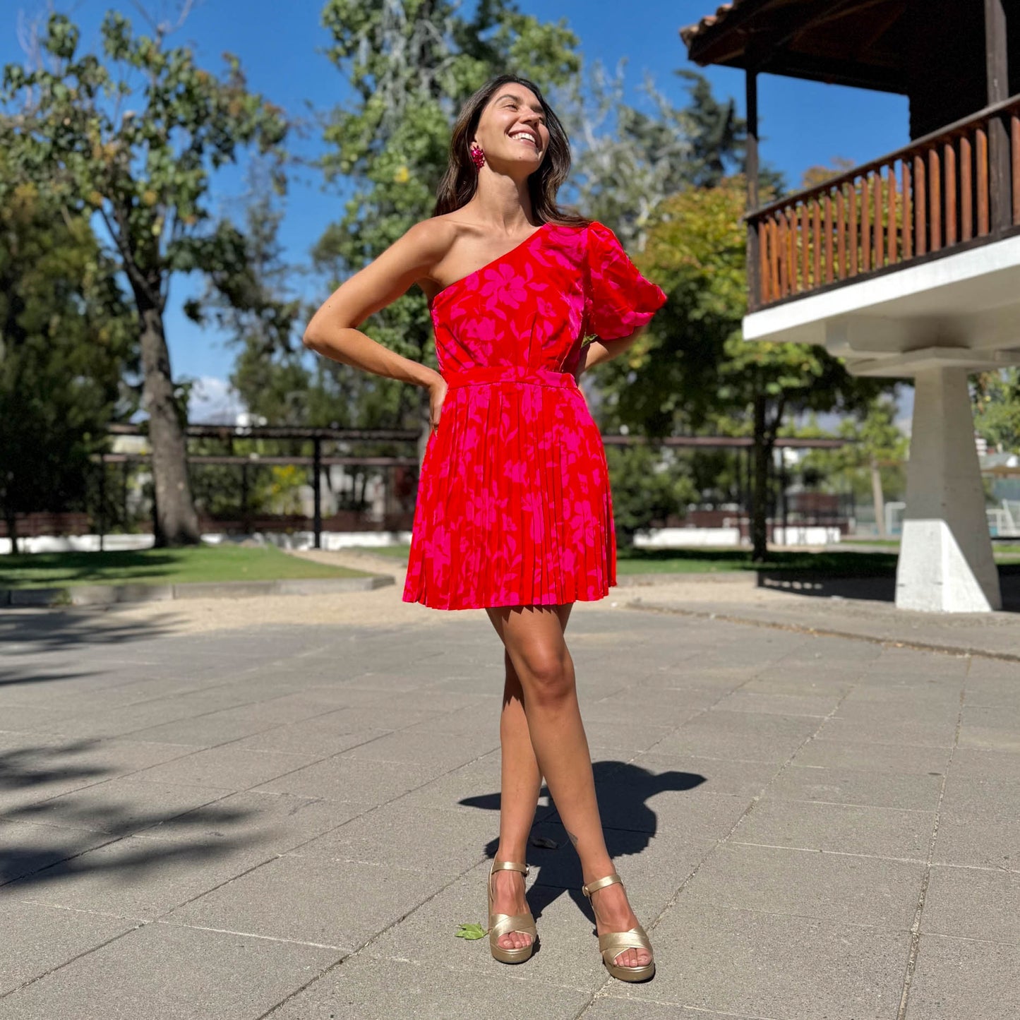 VESTIDO CORTO BEGONA ROJO Y FUCSIA