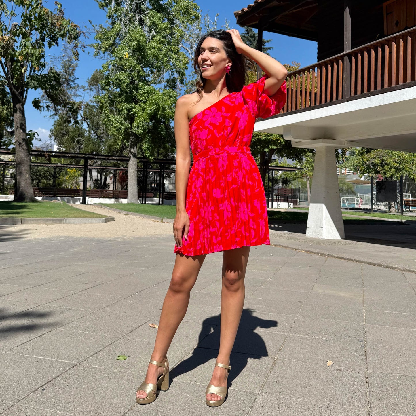 VESTIDO CORTO BEGONA ROJO Y FUCSIA